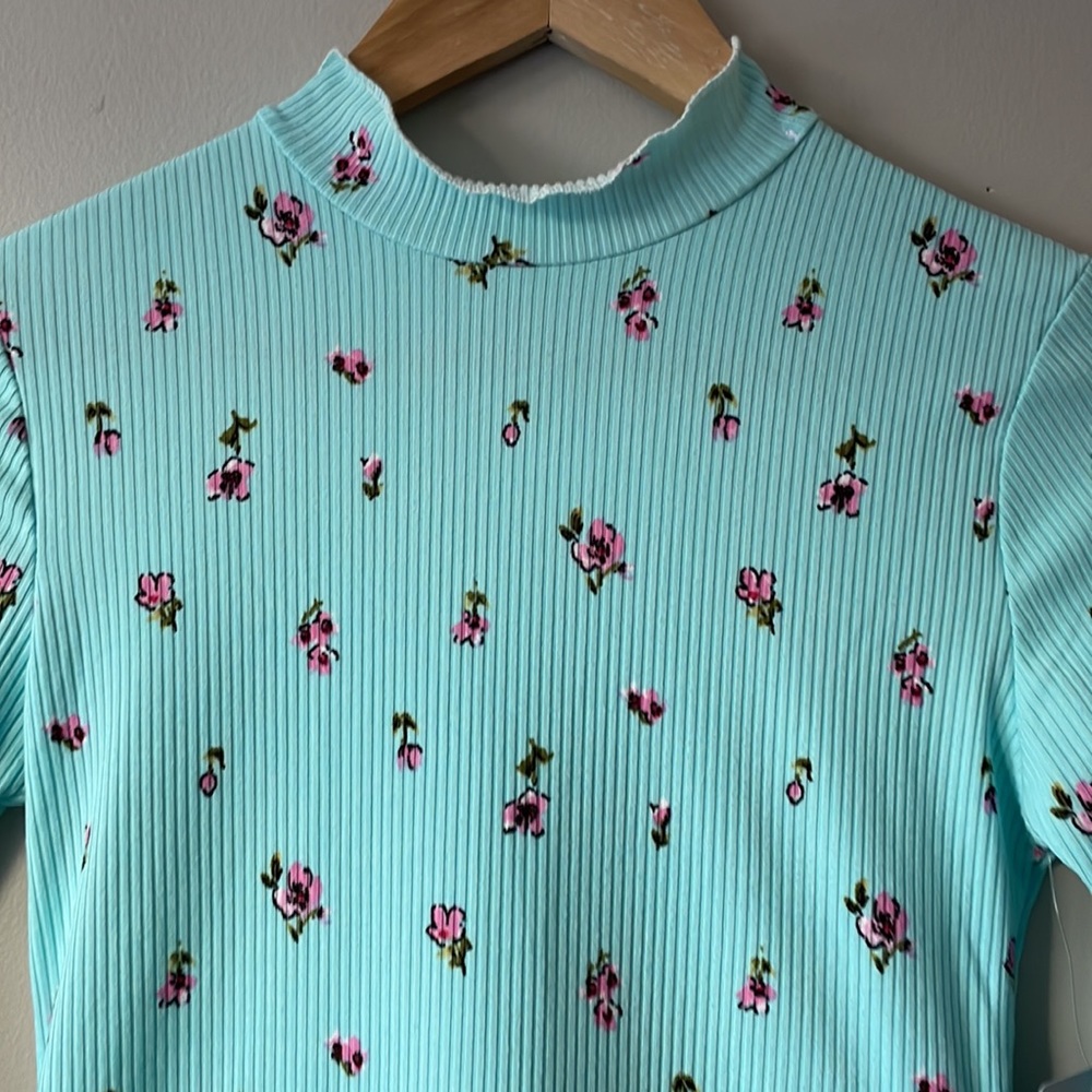 Velvet Torch Ribbed Teal Floral Mock Turtle Neck Mini Dress - Picture 4 of 12